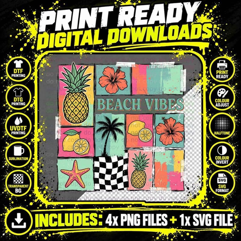 Beach Vibes Summer T-Shirt, Pineapple Flower Lemon Grid Png SVG Digital Bundle