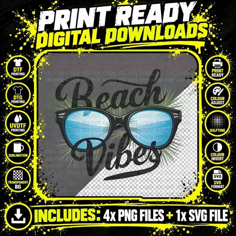Beach Vibes Summer T-Shirt, Sunglasses with Wavy Text Png SVG Digital Bundle