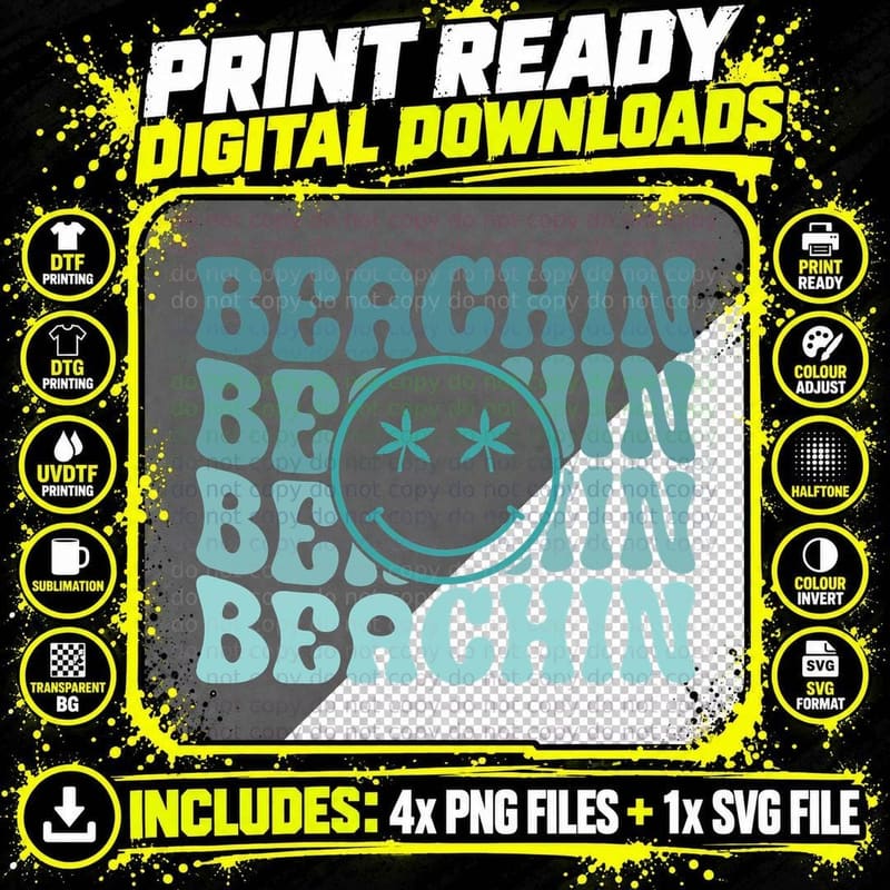 Beachin Summer T-Shirt, Smiley Beach Vibes Cyan Sunny Tee Png SVG Digital Bundle