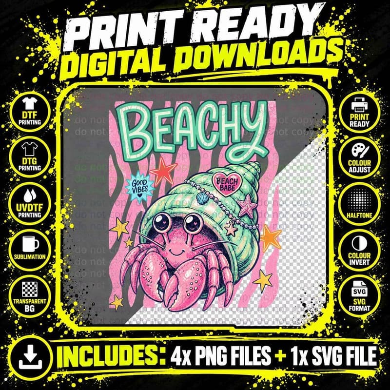 Beachy Beach Babe Summer T-Shirt, Hermit Crab with Stars Png SVG Digital Bundle