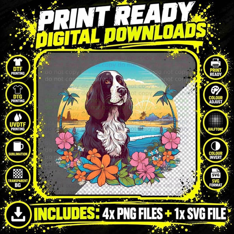 Black and White Spaniel T-Shirt, Tropical Beach Theme Png SVG Digital Bundle