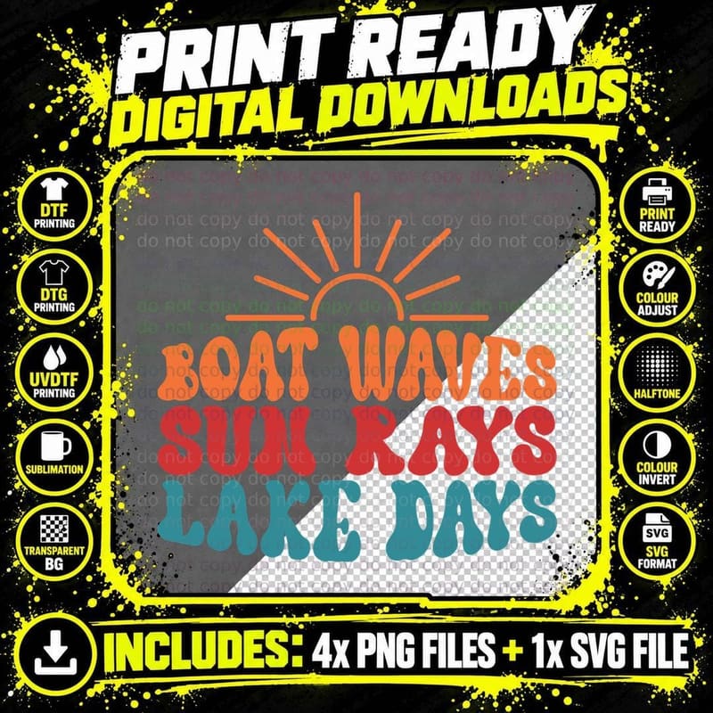 Boat Waves Sun Rays Lake Days Summer T-Shirt Png SVG Digital Bundle