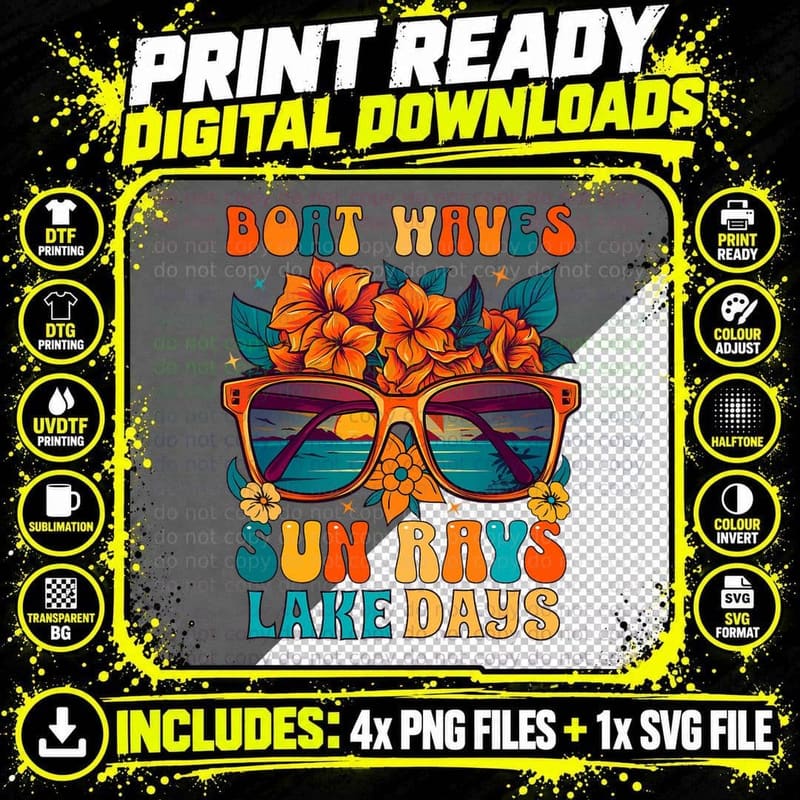 Boat Waves Sun Rays Lake Days Summer Vacation T-Shirt Png SVG Digital Bundle