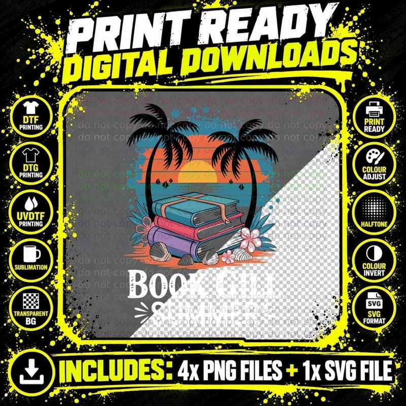 Book Gill Summer Books T-Shirt, Beach Books Palm Sunset Png SVG Digital Bundle