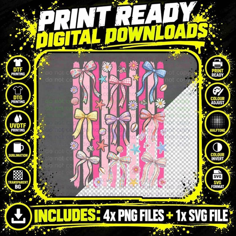Bows Flowers Starfish Pink Stripes Summer T-Shirt Png SVG Digital Bundle