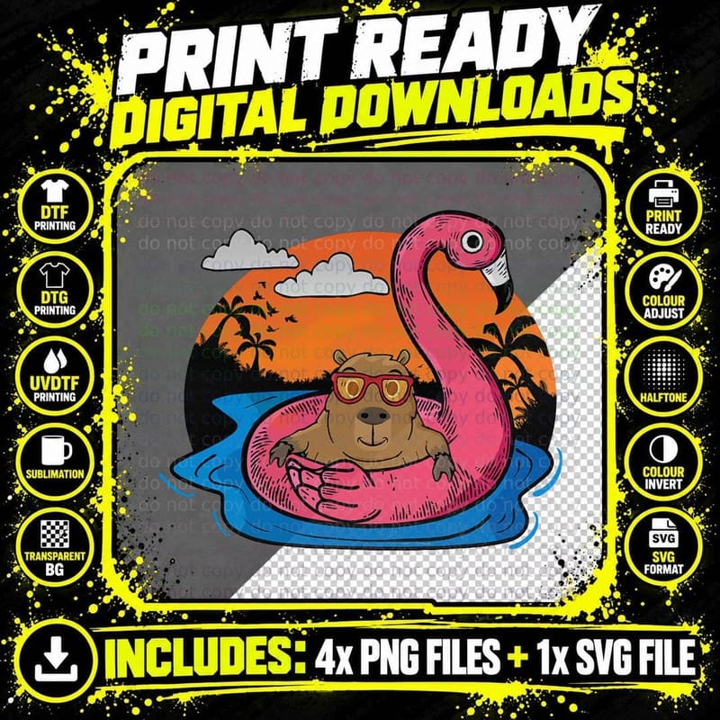 Capybara Swimming Pool Lover Men Flamingo Capybara Png SVG Digital Bundle