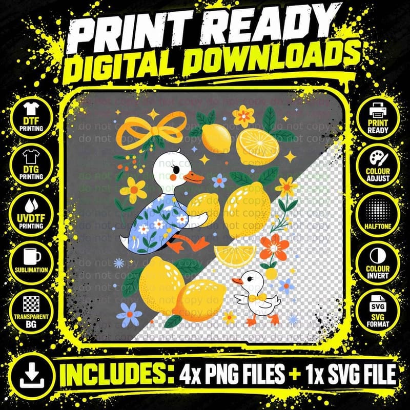 Cartoon Ducks Lemons Flowers Summer T-Shirt Png SVG Digital Bundle