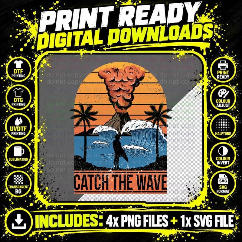 Catch the Wave the Sunset Palm Trees Surfer Ocean Png SVG Digital Bundle