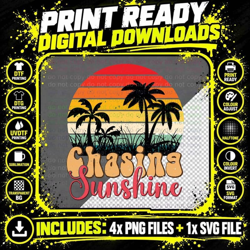 Chasing Sunshine Summer T-Shirt, Palm Sunset Colorful Png SVG Digital Bundle