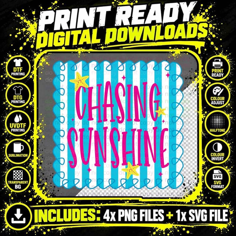 Chasing Sunshine Summer T-Shirt, Starfish Shell Waves Png SVG Digital Bundle