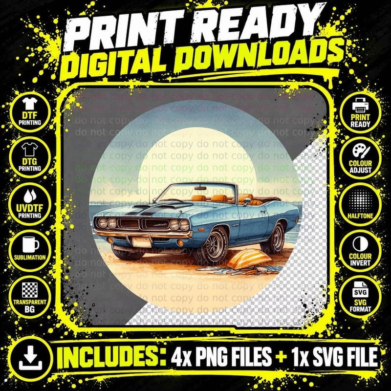 Chevrolet Convertible Circular Blue on Beach Vacation Png SVG Digital Bundle