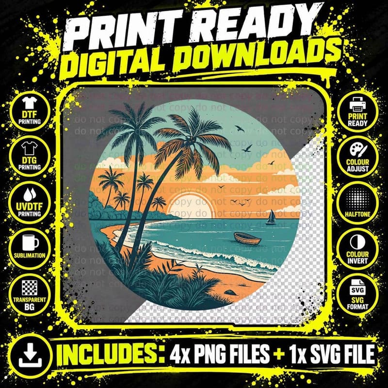 Circle Beach Sailboat Sunset Summer T-Shirt Png SVG Digital Bundle