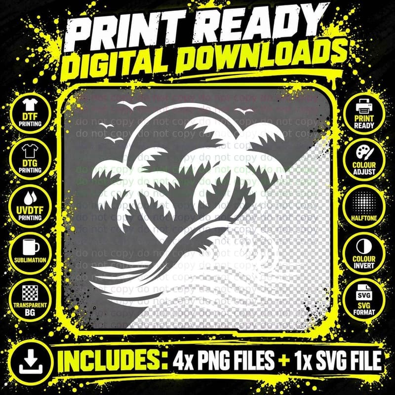 Coastal Palm Trees Flowing Waves Summer T-Shirt Png SVG Digital Bundle