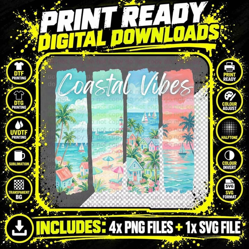 Coastal Vibes Summer T-Shirt, Four Coastal Scenes Beach Png SVG Digital Bundle