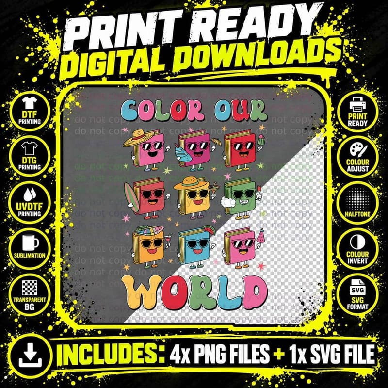 Color Our World Hippie T-Shirt, Colorful Books Enjoying Png SVG Digital Bundle