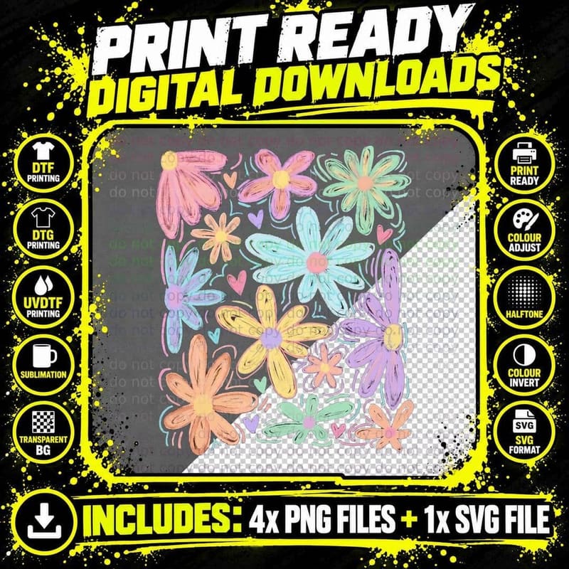 Colorful Hand-Drawn Flowers Pattern Summer T-Shirt Png SVG Digital Bundle