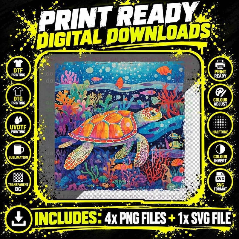 Colorful Sea Turtle Hawaiian Art with Corals Tropical Png SVG Digital Bundle
