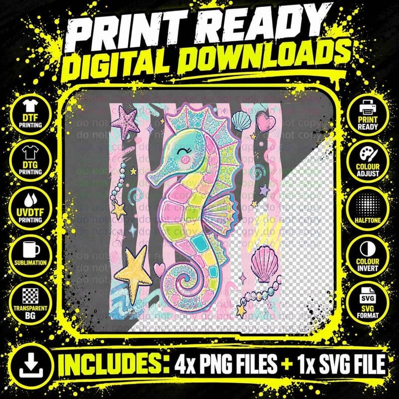 Colorful Seahorse Ocean Shells Summer T-Shirt Png SVG Digital Bundle
