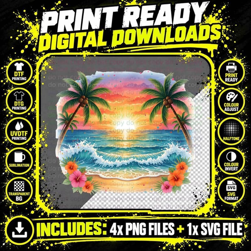 Colorful Sunset Palm Trees Flowers Summer T-Shirt Png SVG Digital Bundle
