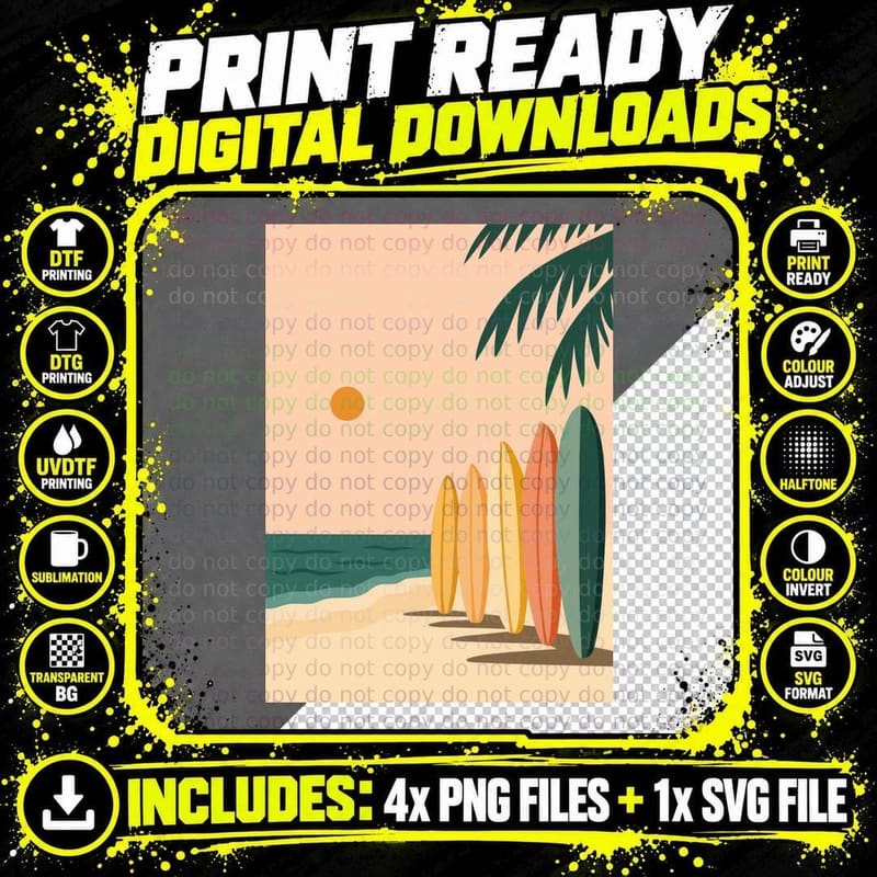 Colorful Surfboards Beach Scene Summer T-Shirt Png SVG Digital Bundle