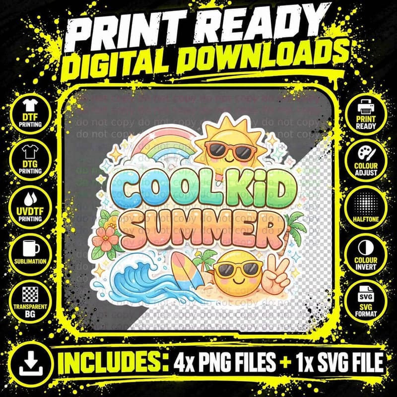 Cool Kid Summer Toddler Kids T-Shirt Png SVG Digital Bundle