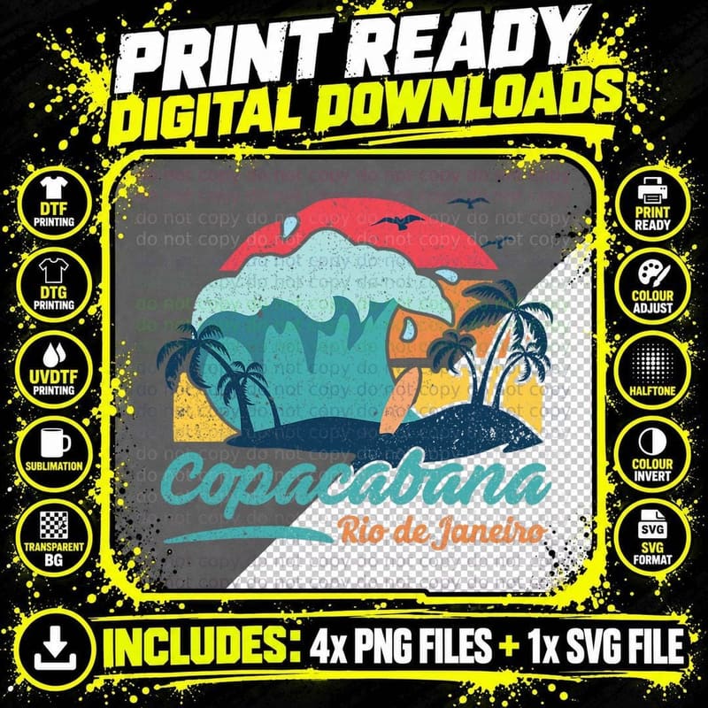 Copacabana Rio De Janeiro Beach Summer Surfing Palm Png SVG Digital Bundle