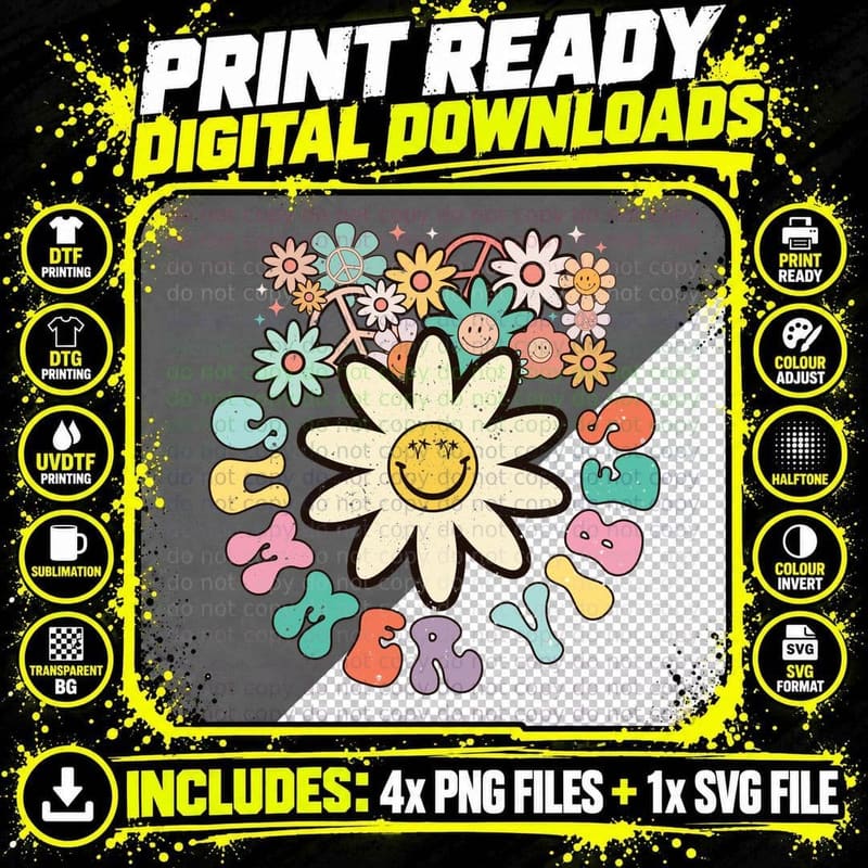 Daisy Flower Smiley Face Design Summer T-Shirt Png SVG Digital Bundle