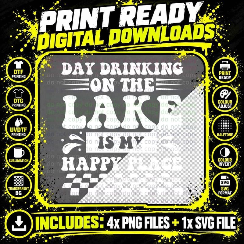 Day Drinking on the Lake Is My Happy Place Summer T-Shirt Png SVG Digital Bundle