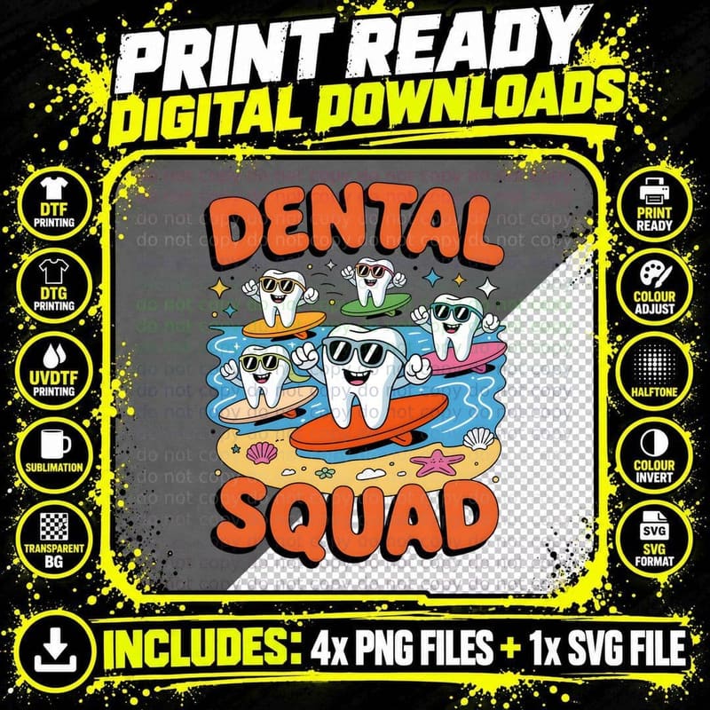 Dental Squad Dental T-Shirt, Cartoon Teeth Surfing on Png SVG Digital Bundle