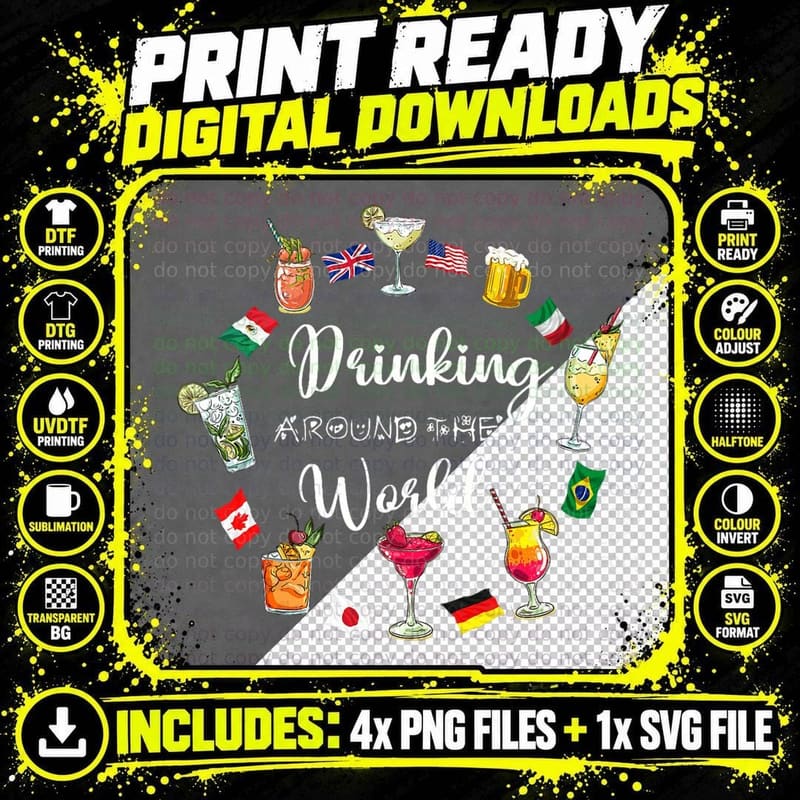 Drinking Around the World Vacation Drinking Showcase Png SVG Digital Bundle