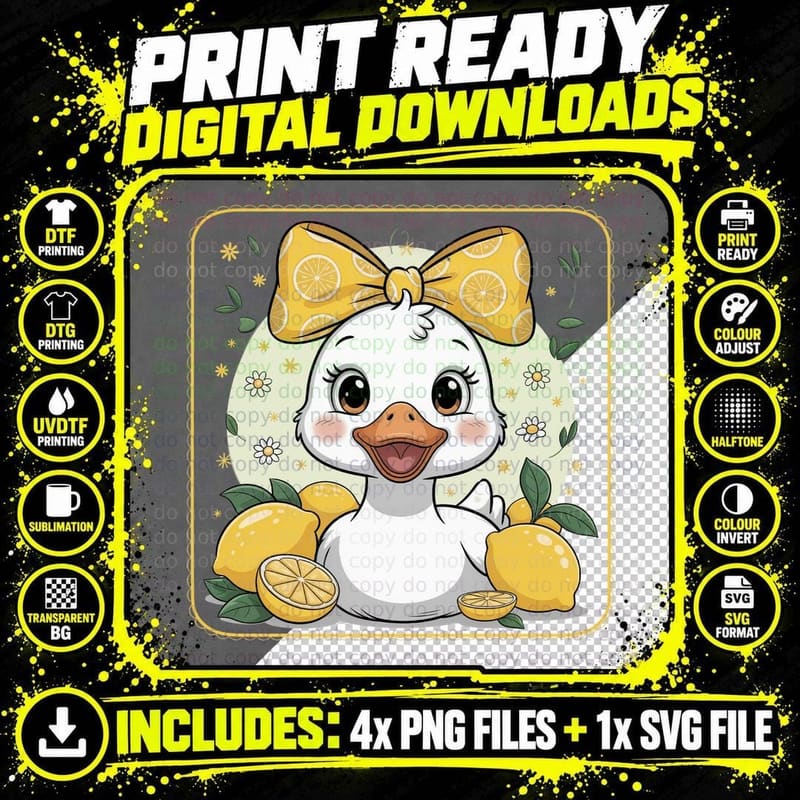 Duck Lemon Bow Yellow Flowers Summer T-Shirt Png SVG Digital Bundle