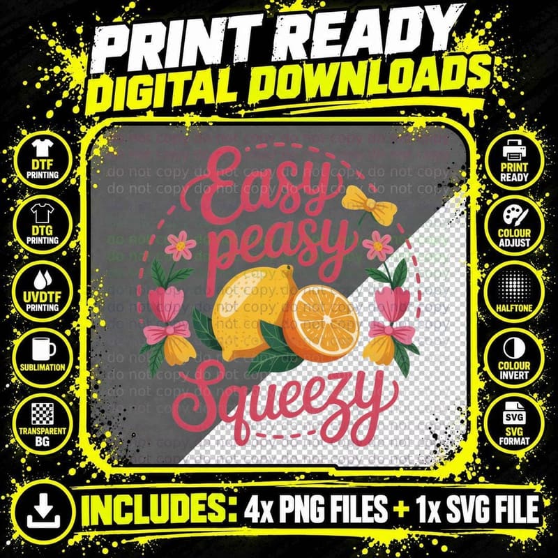 Easy Peasy Squeezy Summer T-Shirt, Lemon Fruits Pink Png SVG Digital Bundle