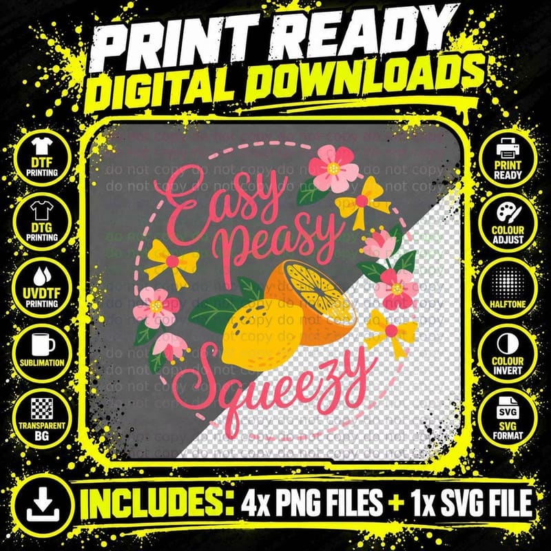 Easy Peasy Squeezy Summer T-Shirt, Lemons Pink Flowers Png SVG Digital Bundle