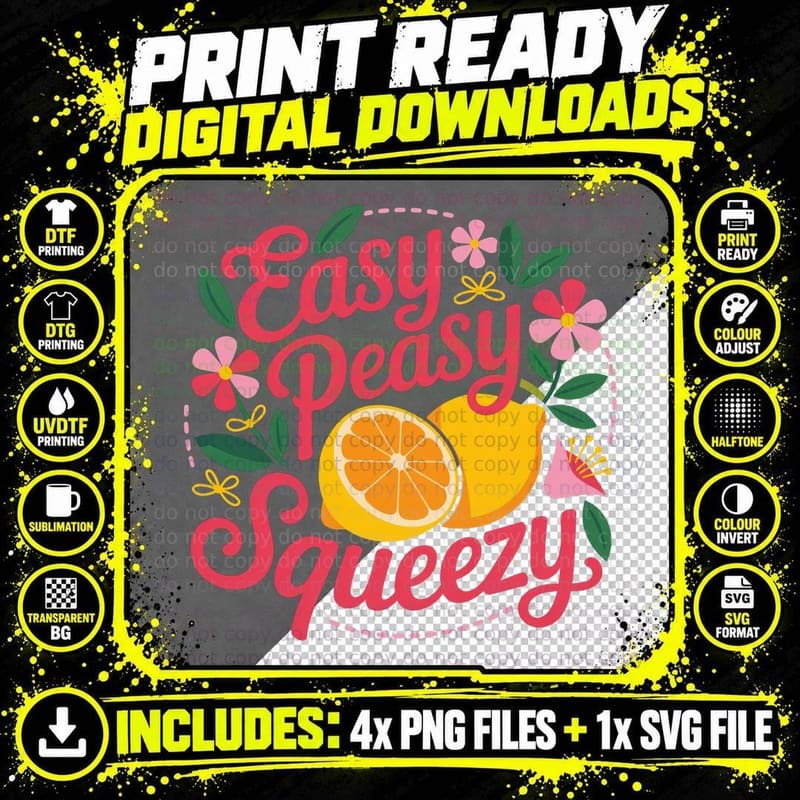 Easy Peasy Squeezy Summer T-Shirt, Orange Fruits Pink Png SVG Digital Bundle