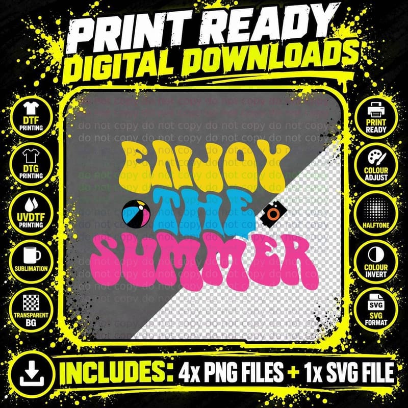 Enjoy the Summer T-Shirt, Beach Vacation Colorful Text Png SVG Digital Bundle