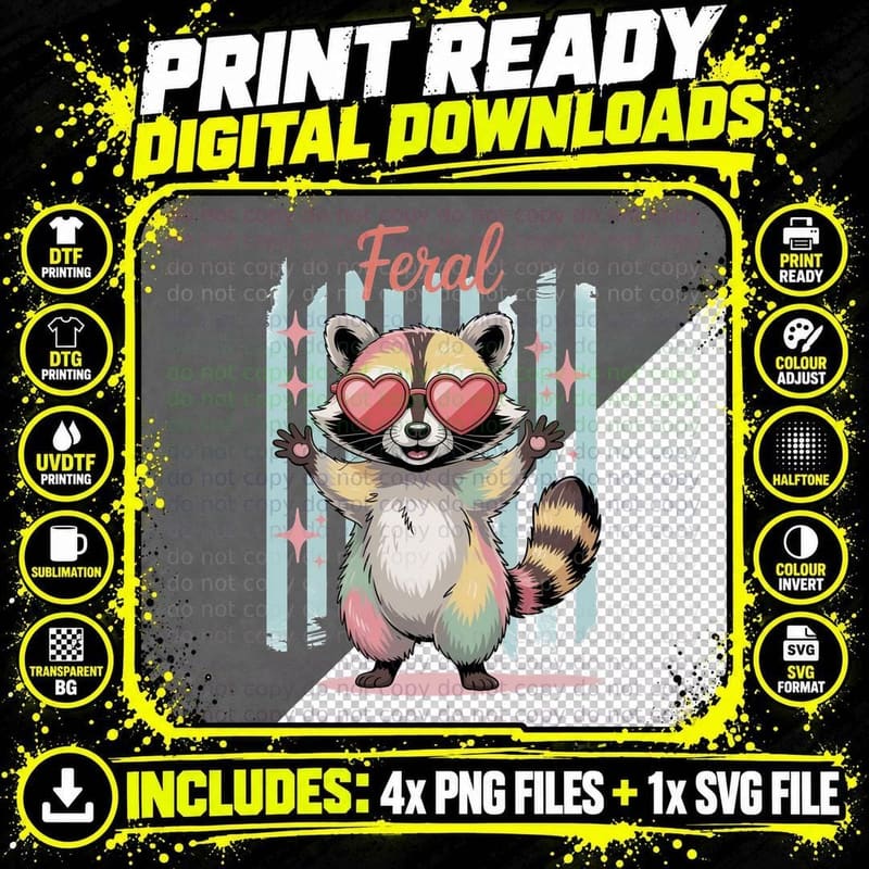 Feral Summer T-Shirt, Raccoon Heart Sunglasses Rainbow Png SVG Digital Bundle