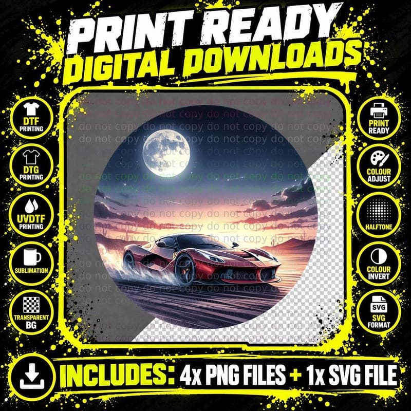 Ferrari Red Moonlit Beach Sunset T-Shirt Png SVG Digital Bundle