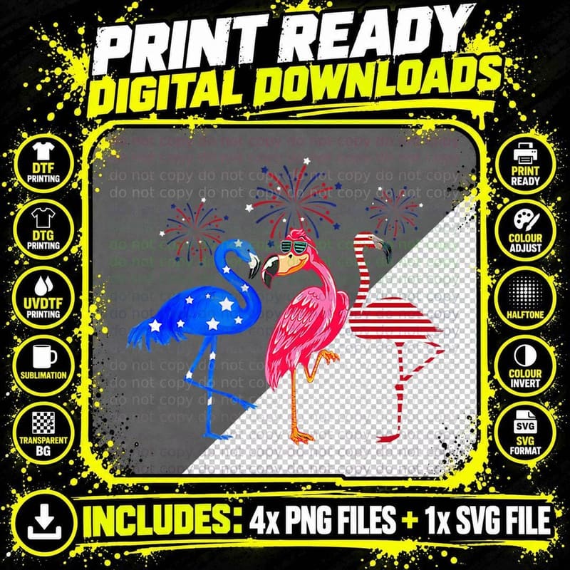 Flamingo Fireworks Red White Blue T-Shirt Png SVG Digital Bundle