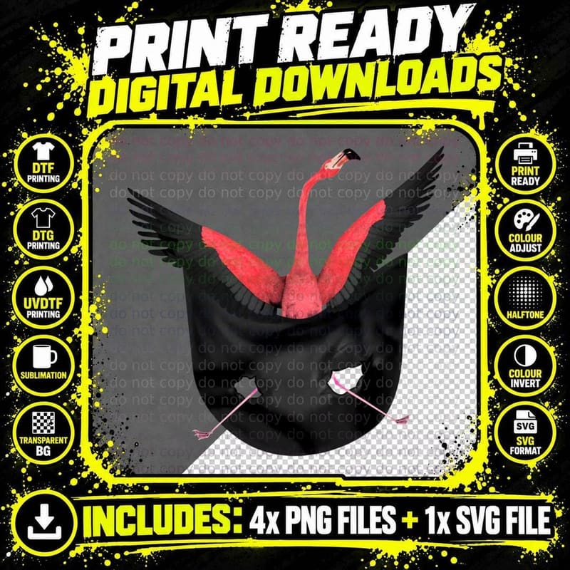 Flamingo in Black Mask T-Shirt, Surreal Art Print Png SVG Digital Bundle