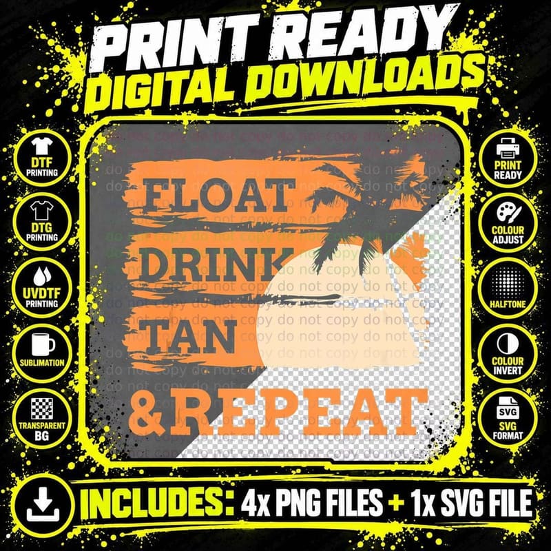 Float Drink Tan Repeat Summer Swimming Beach Pool Png SVG Digital Bundle