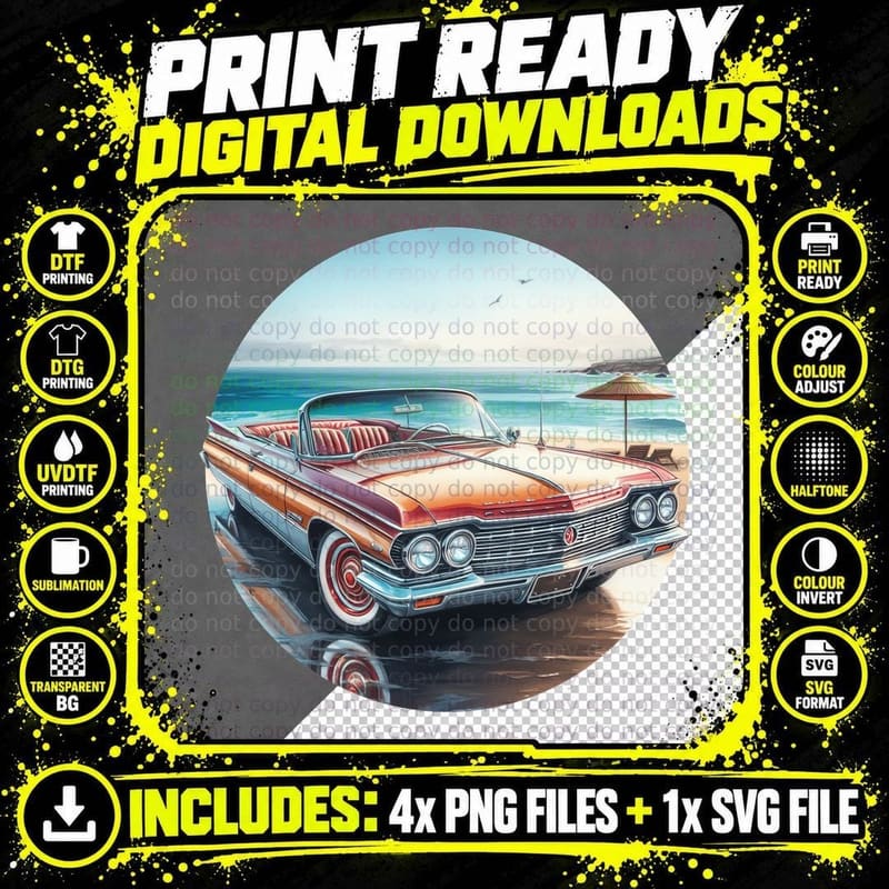 Ford Circular Convertible on Beach Parasol Vacation Png SVG Digital Bundle