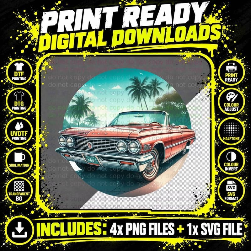 Ford Convertible Circular Red Cream Tropical Beach Png SVG Digital Bundle