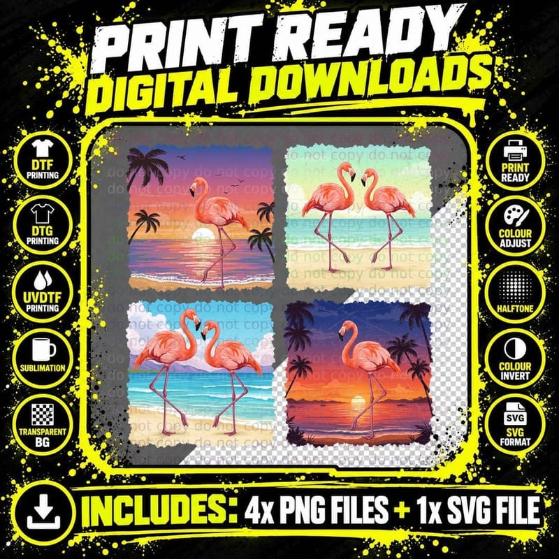 Four Flamingo Sunset Beach Summer T-Shirt Png SVG Digital Bundle