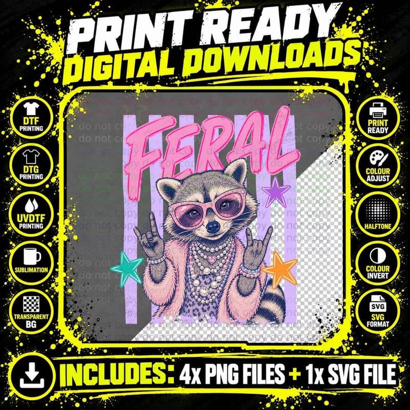 Freak Summer T-Shirt, Glitter Raccoon Sunglasses Stars Png SVG Digital Bundle
