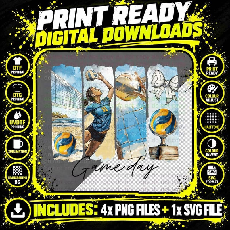 Game Day Volleyball T-Shirt, Beach Volleyball Action Png SVG Digital Bundle