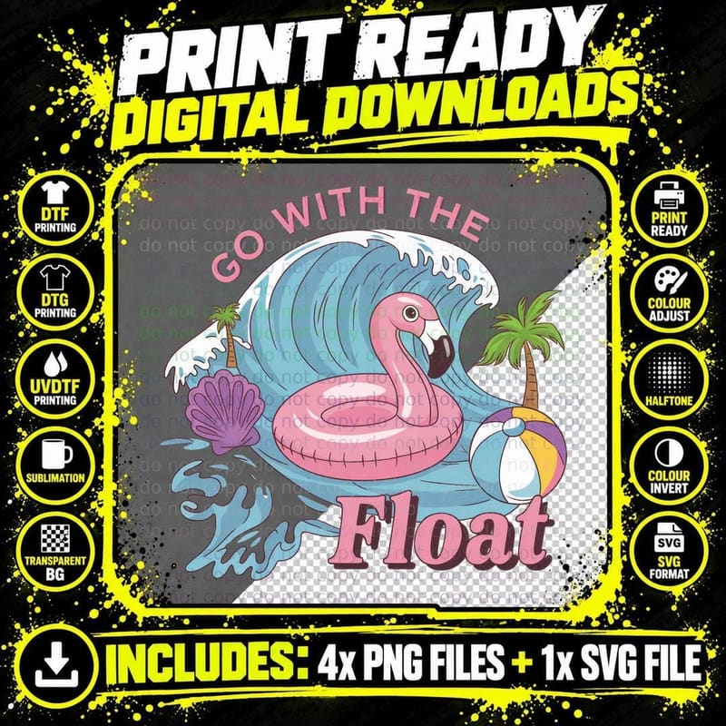 Go with the Float Summer T-Shirt, Flamingo Float Waves Png SVG Digital Bundle