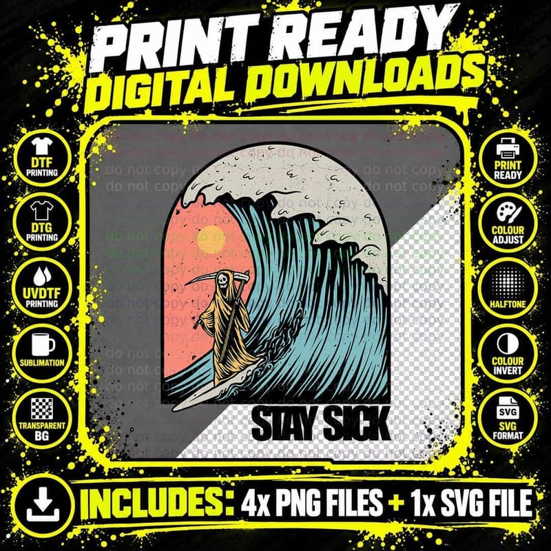 Grim Reaper Surfing Stay Sick Tiki Culture T-Shirt Png SVG Digital Bundle