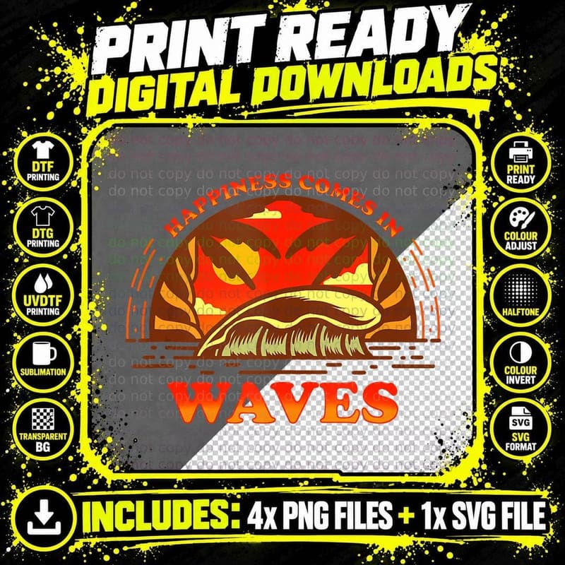 Happiness Comes in Waves Beach Surfing Wakesurf Vacay Png SVG Digital Bundle