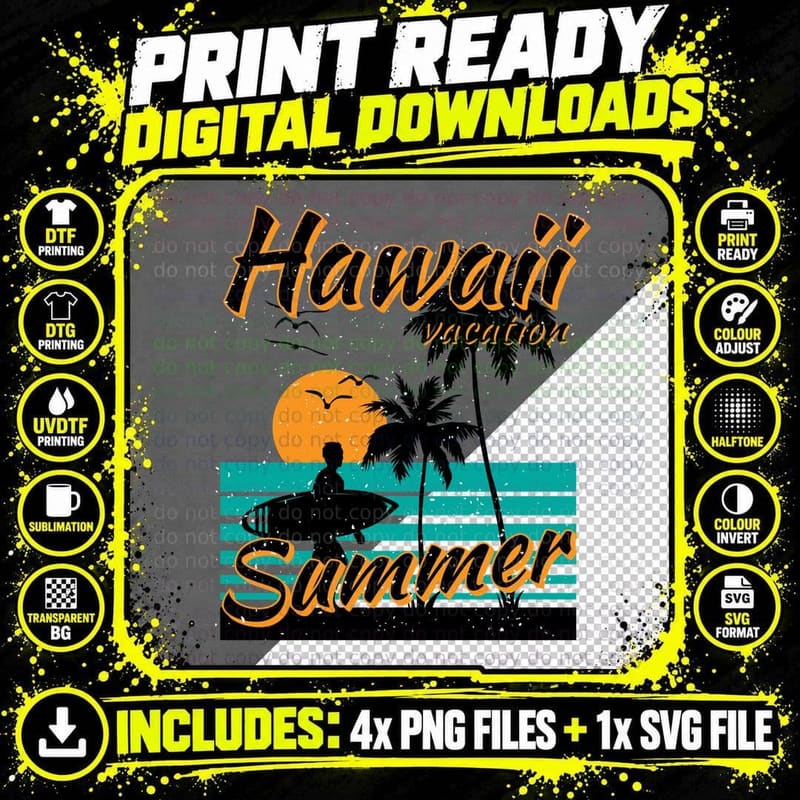 Hawaii Vacation Surfer Summer with Tropical Palms Beach Png SVG Digital Bundle
