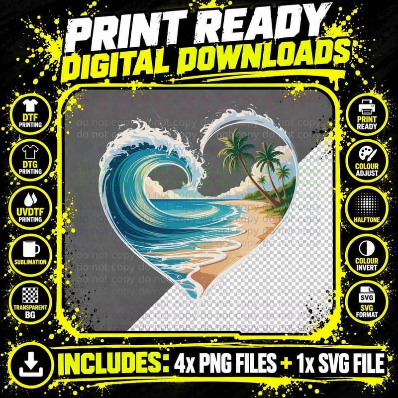 Heart-Shaped Wave Ocean Palms Summer T-Shirt Png SVG Digital Bundle